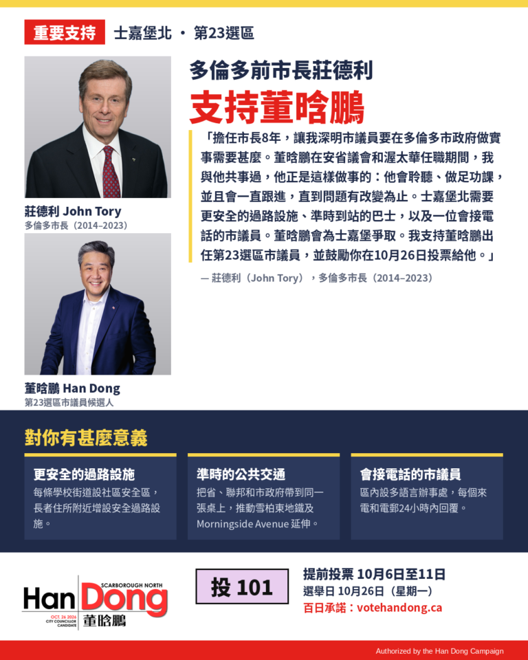 莊德利支持董晗鵬參選士嘉堡北市議員的競選團隊海報